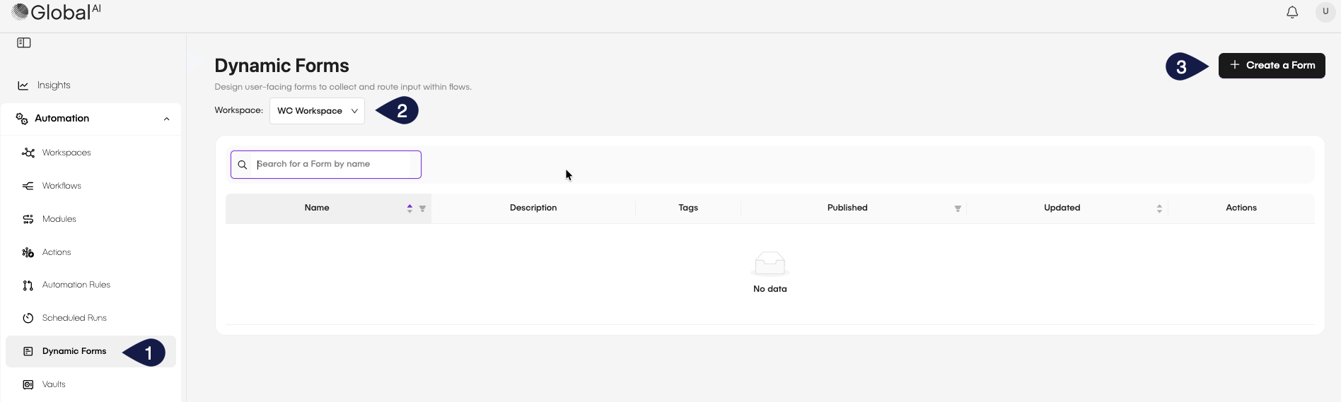 The image displays the Dynamic Forms screen of the Global AI platform, showing a navigation menu and the main Create a Form button in the upper right corner to initiate the construction of a new form.