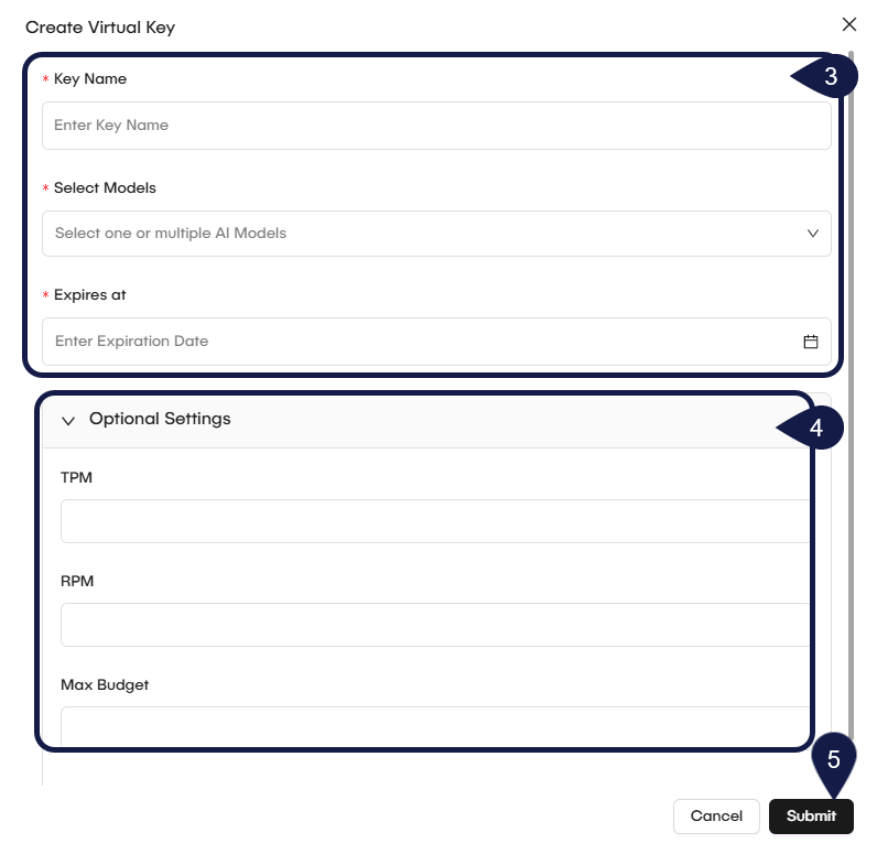 API Key creation modal with fields for Key Name, Select Models, Expiration Date, and Optional Settings.