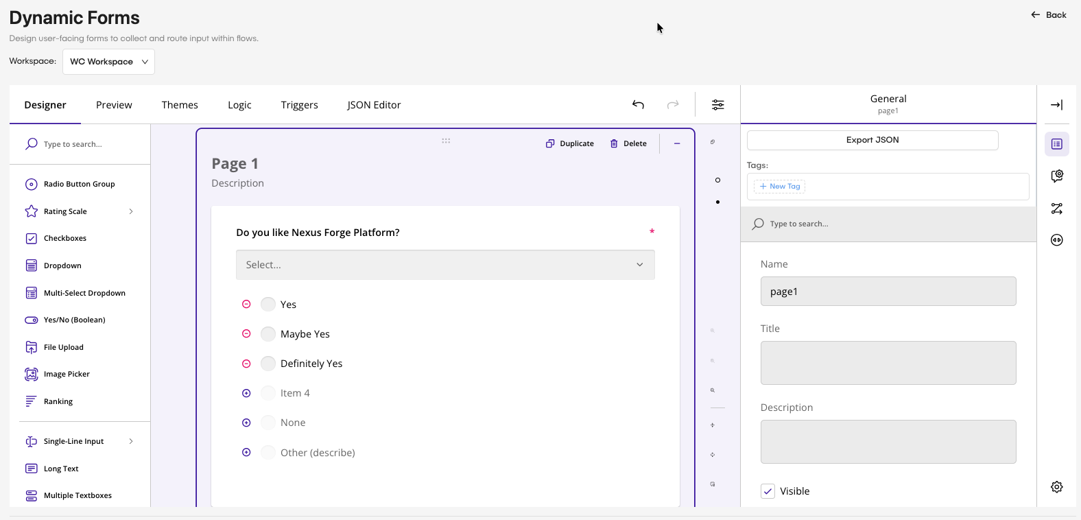 The image shows the Dynamic Form editor interface within the Global AI platform, featuring a toolbar with various input field options and a canvas area where users can drag and drop elements to build their form.