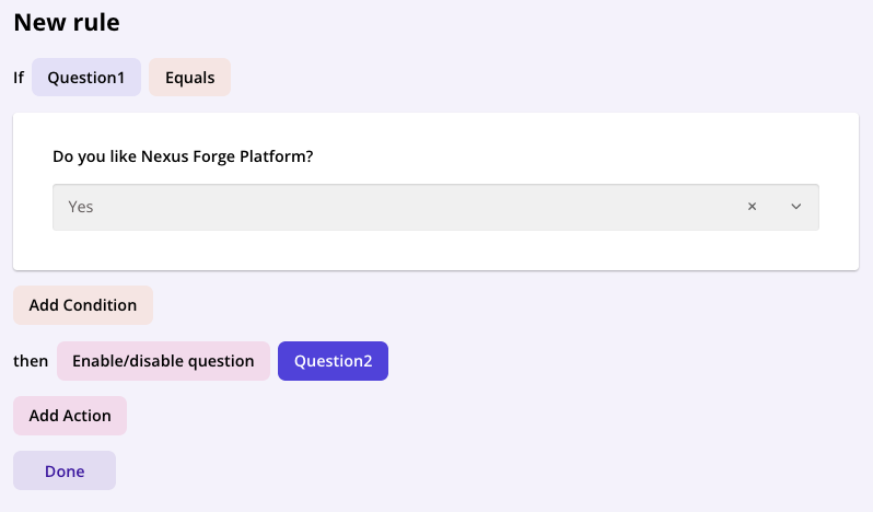 The image shows an example of a Dynamic Form logic rule in the Global AI platform, illustrating the use of 'If', 'And', and 'Or' operators to define conditions that control form behavior based on user input.