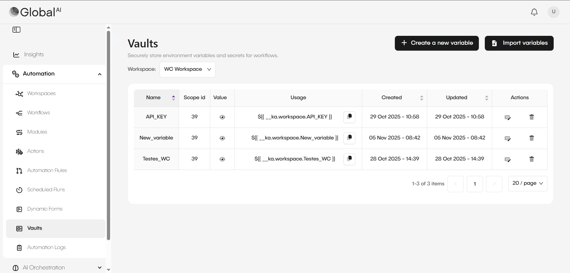 The Vaults page showing a list of variables and secrets.